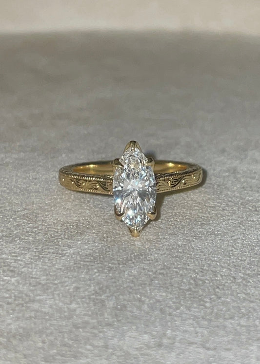 Marquise-Cut Diamond Ring with Hand-Engraved Details and Tulip Setting
