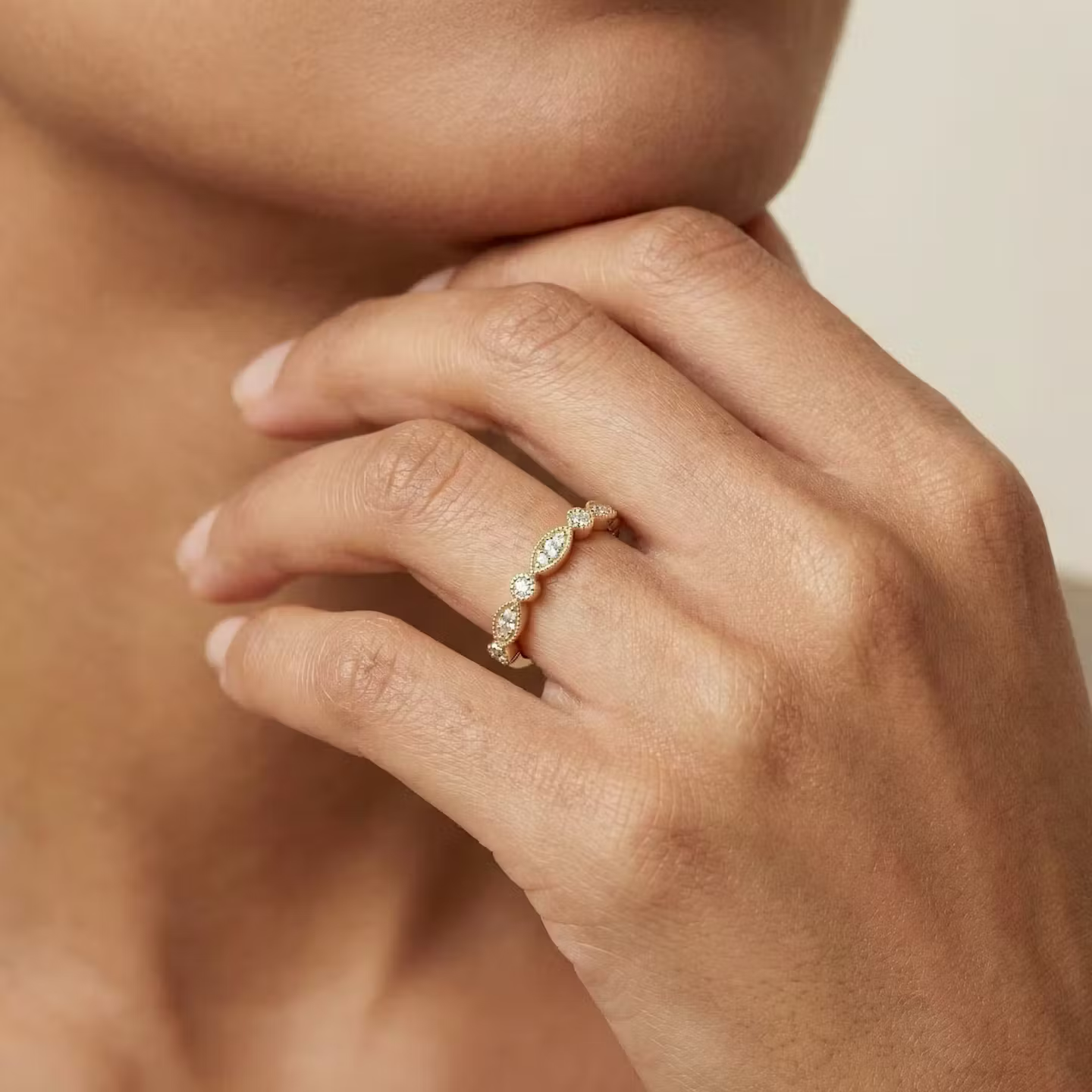 The Audrey Half Eternity Band with Vintage Marquise Motif Round Diamonds