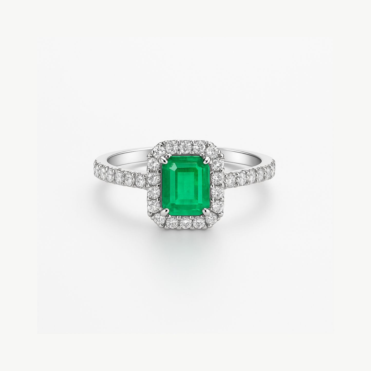 Emerald Ring with Diamond Halo & Shoulders in Platinum