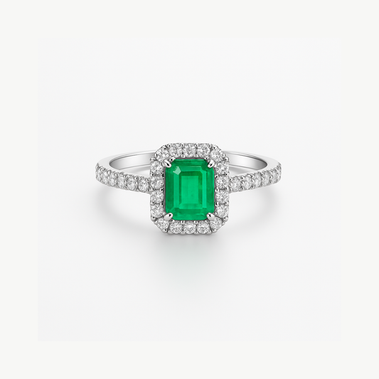 Emerald Ring with Diamond Halo & Shoulders in Platinum